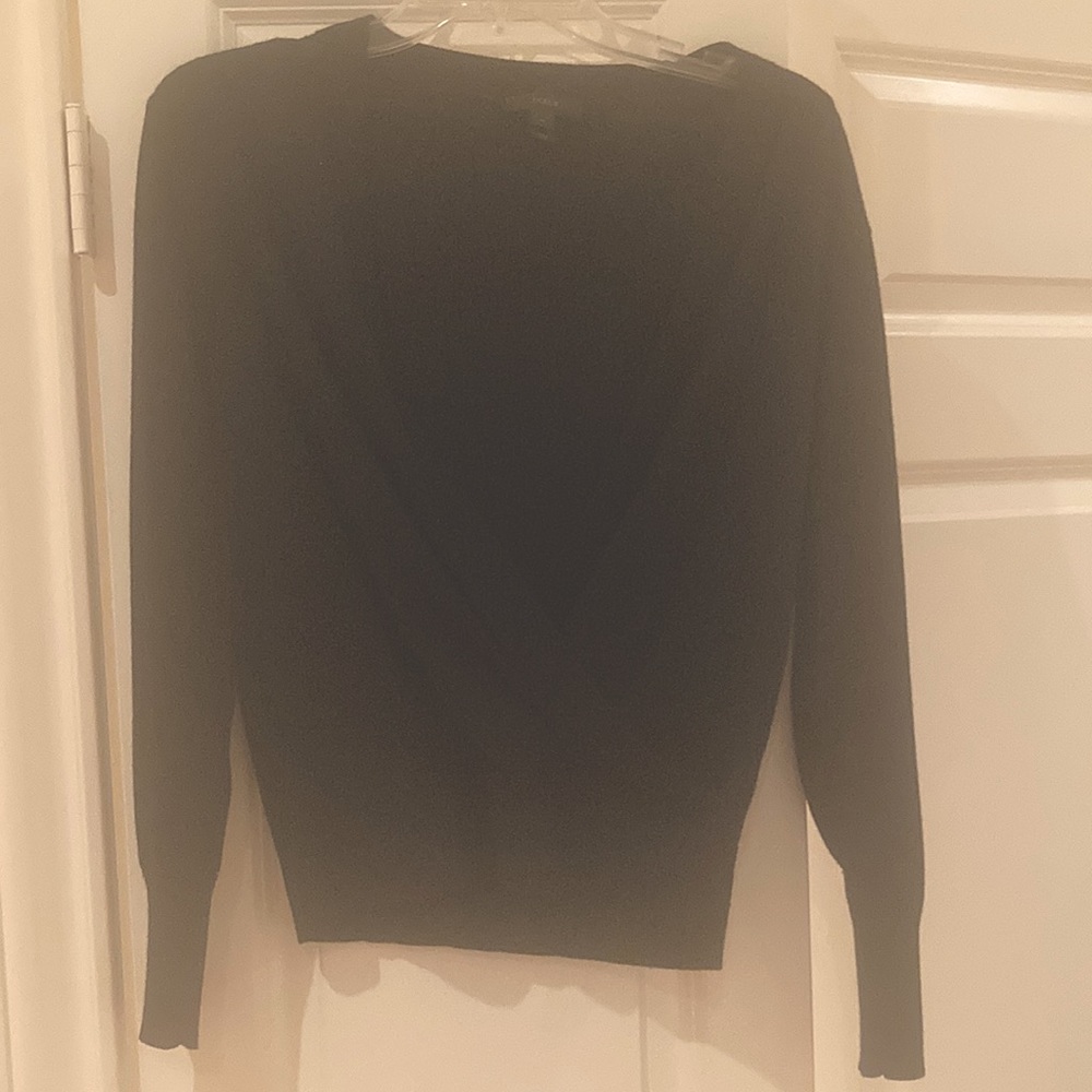 J Crew black wrap merino wool sweater. Size M
